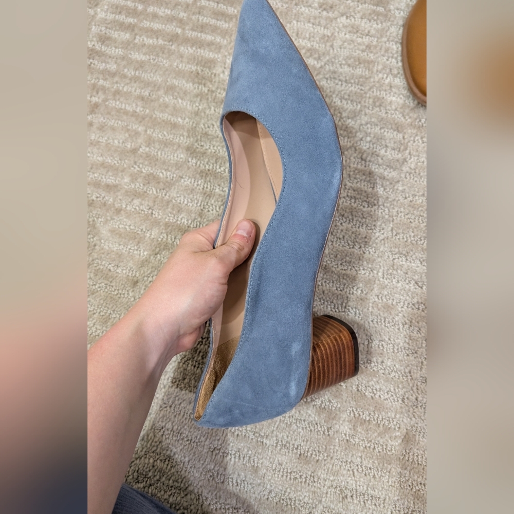 Blue Suede Pointed Toe Block Heel Pumps - Picture 9 of 10